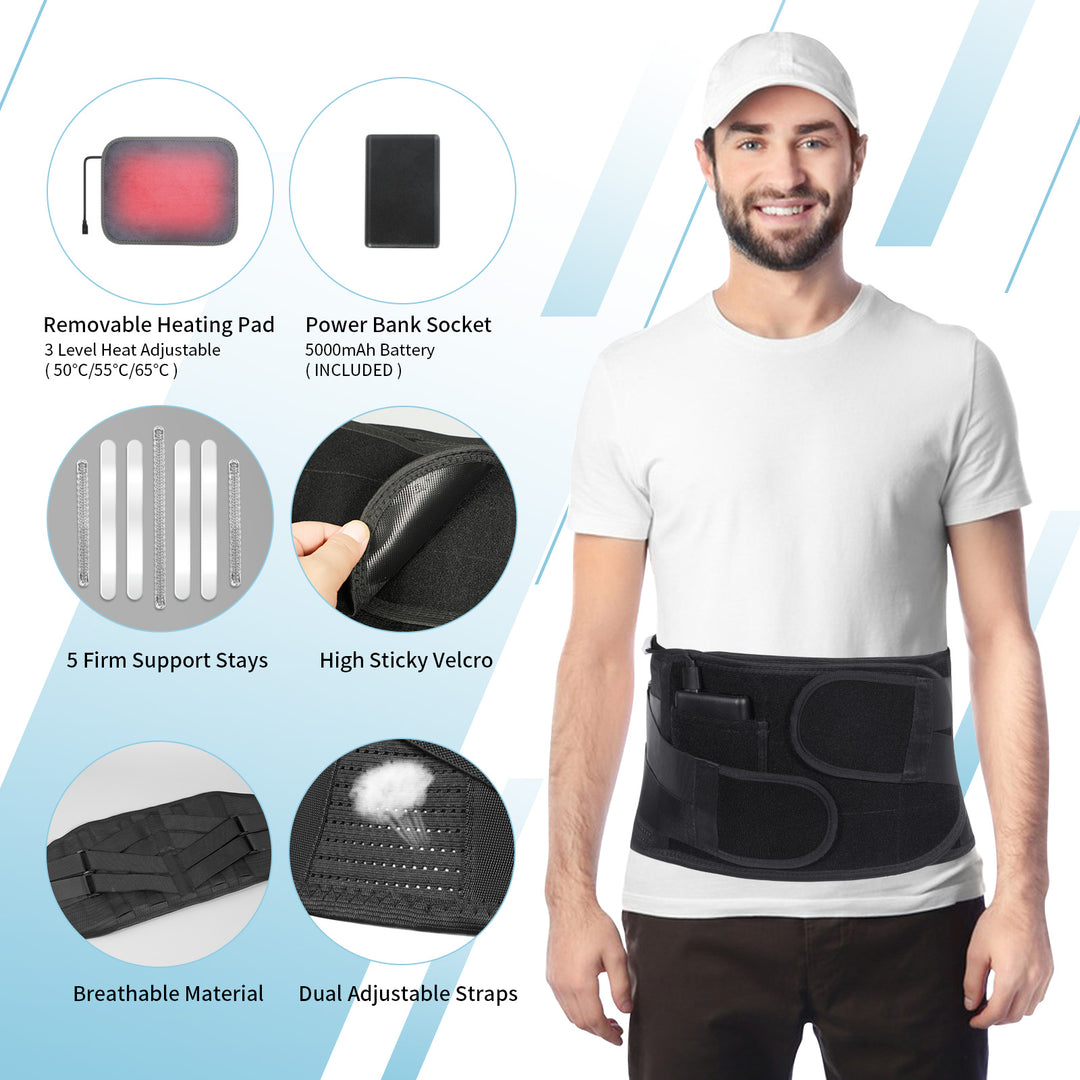 HONGJING Heated Back Brace for Lower Back Pain Relief | Rechargeable Lumbar Support Belt with Heat