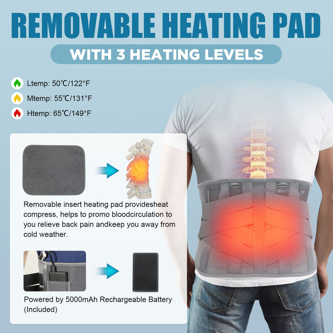 Heated Back Brace for Lower Back Pain Relief, HONGJING Compression Back Brace with Heating Pad